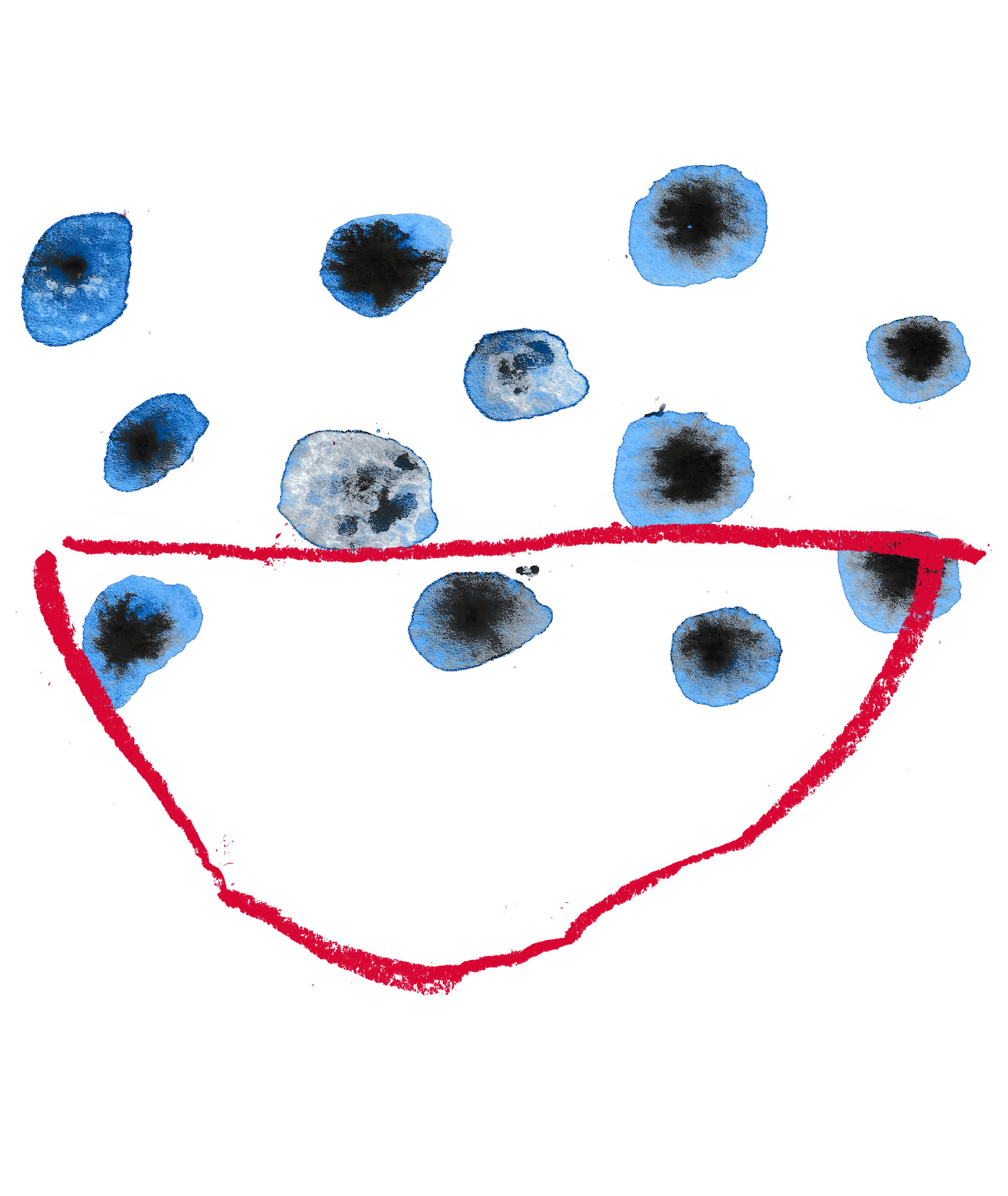 Red bowl with blue blueberries in an expressive draw
