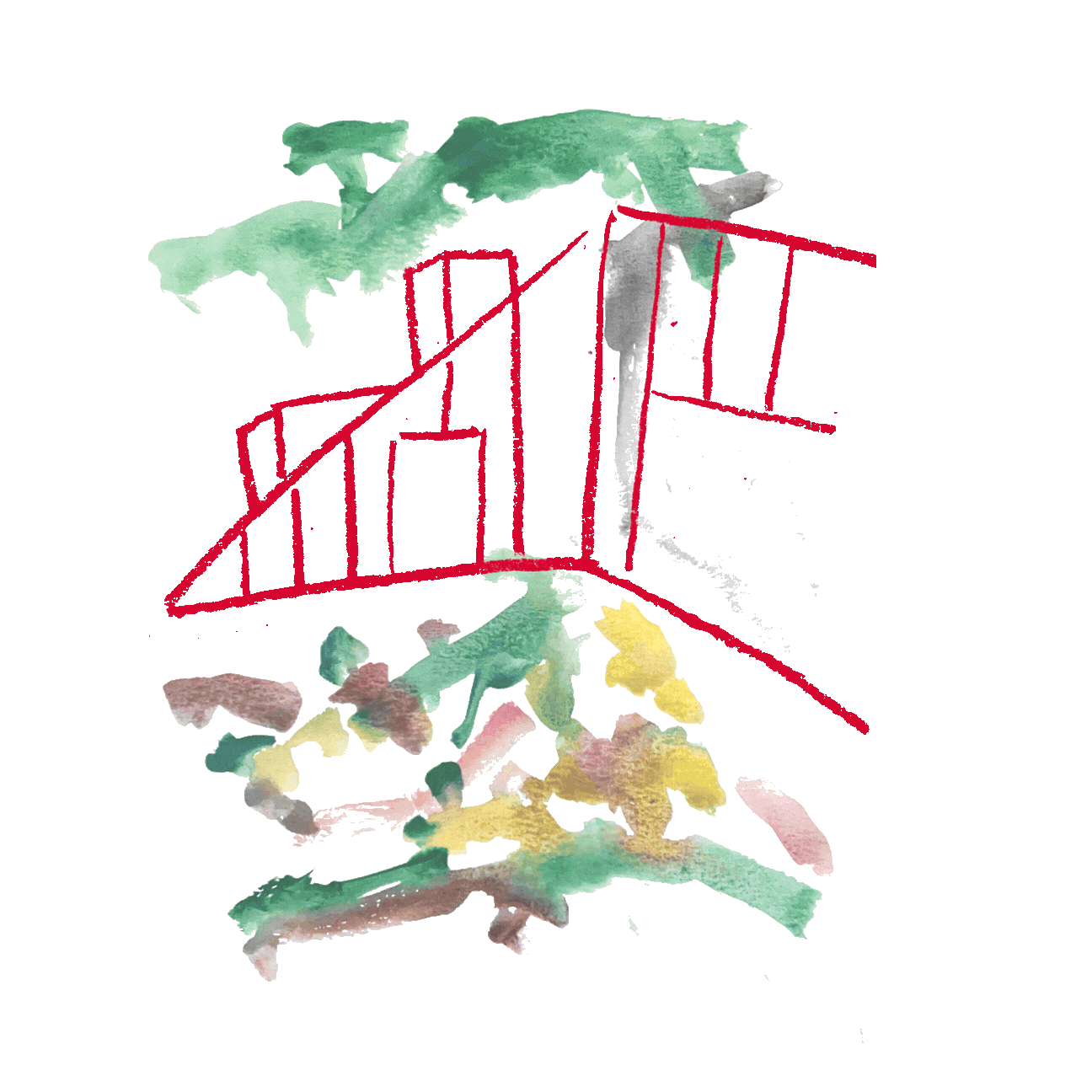 Draw of the building in red and expressive watercolor for the garden with different greens