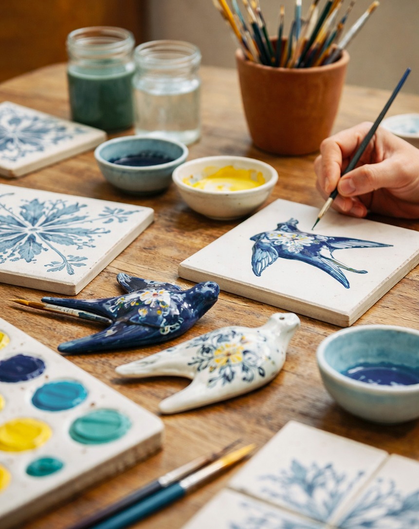 Azulejos Painting Hand painting blue ceramic tiles with brushes and pigments