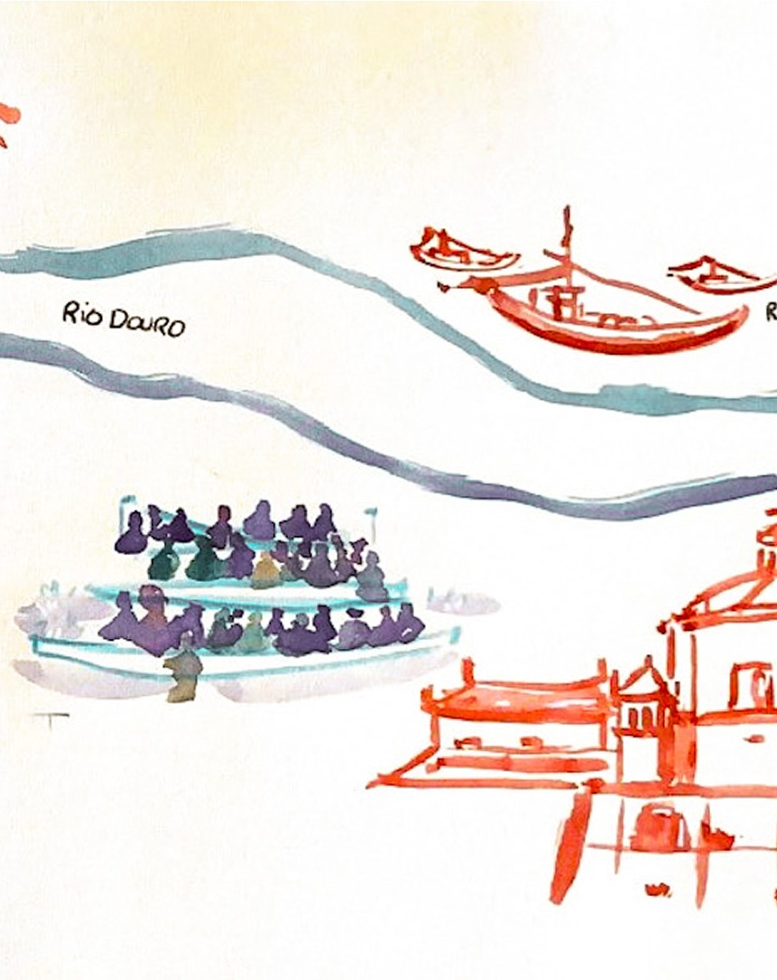 Illustrated Map Hand-drawn map showing river, boats, and landscape