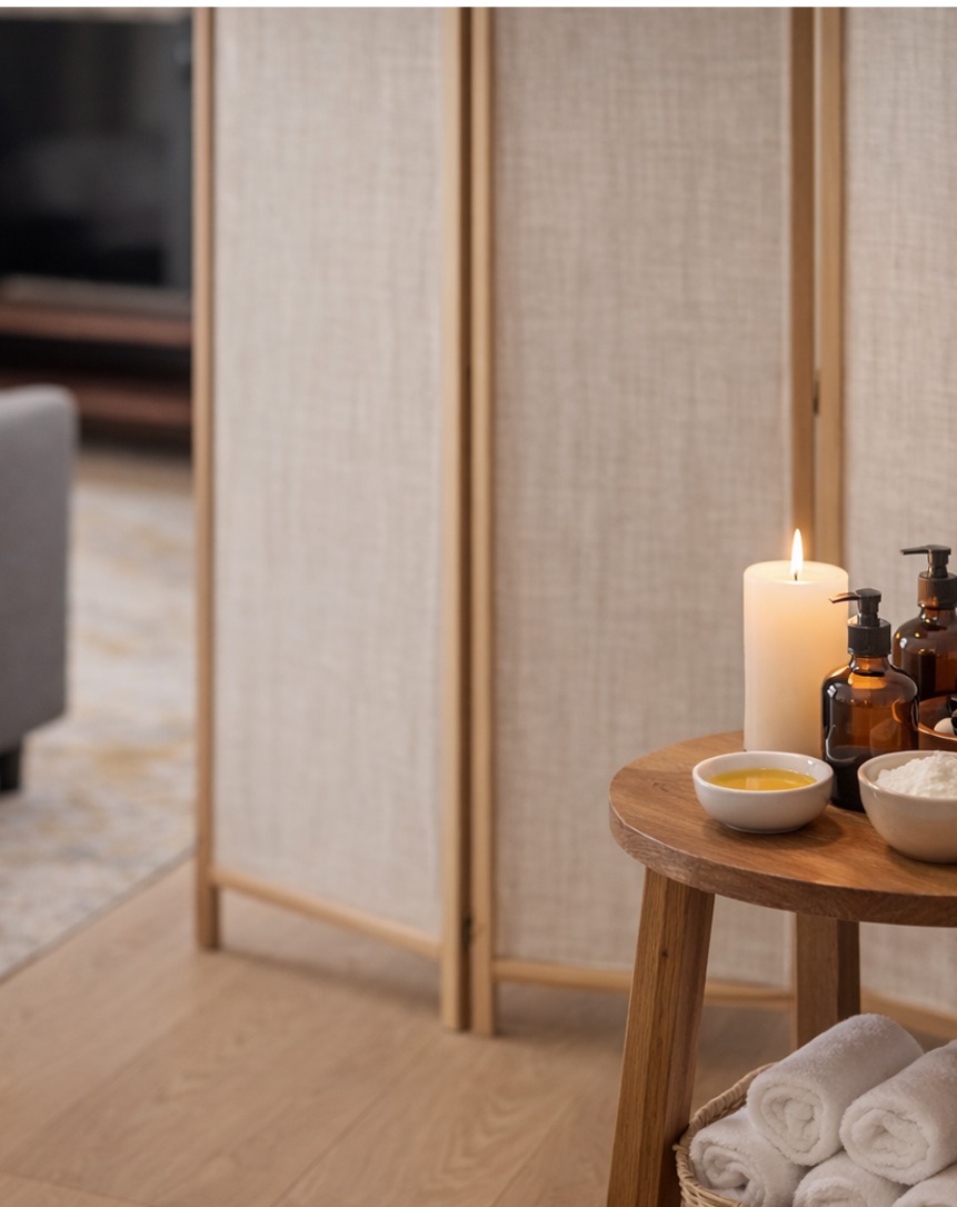 Minimal massage room with candle and wooden elements