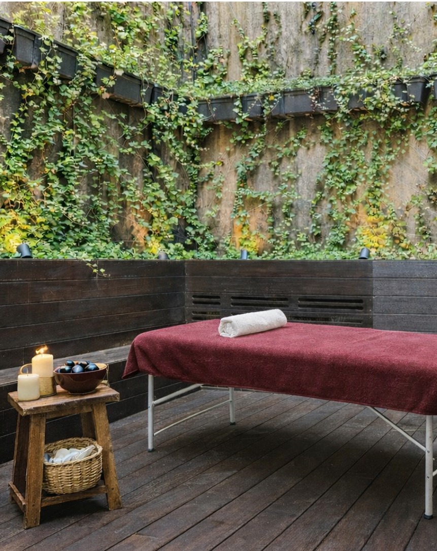 Minimal massage room with candle and wooden elements