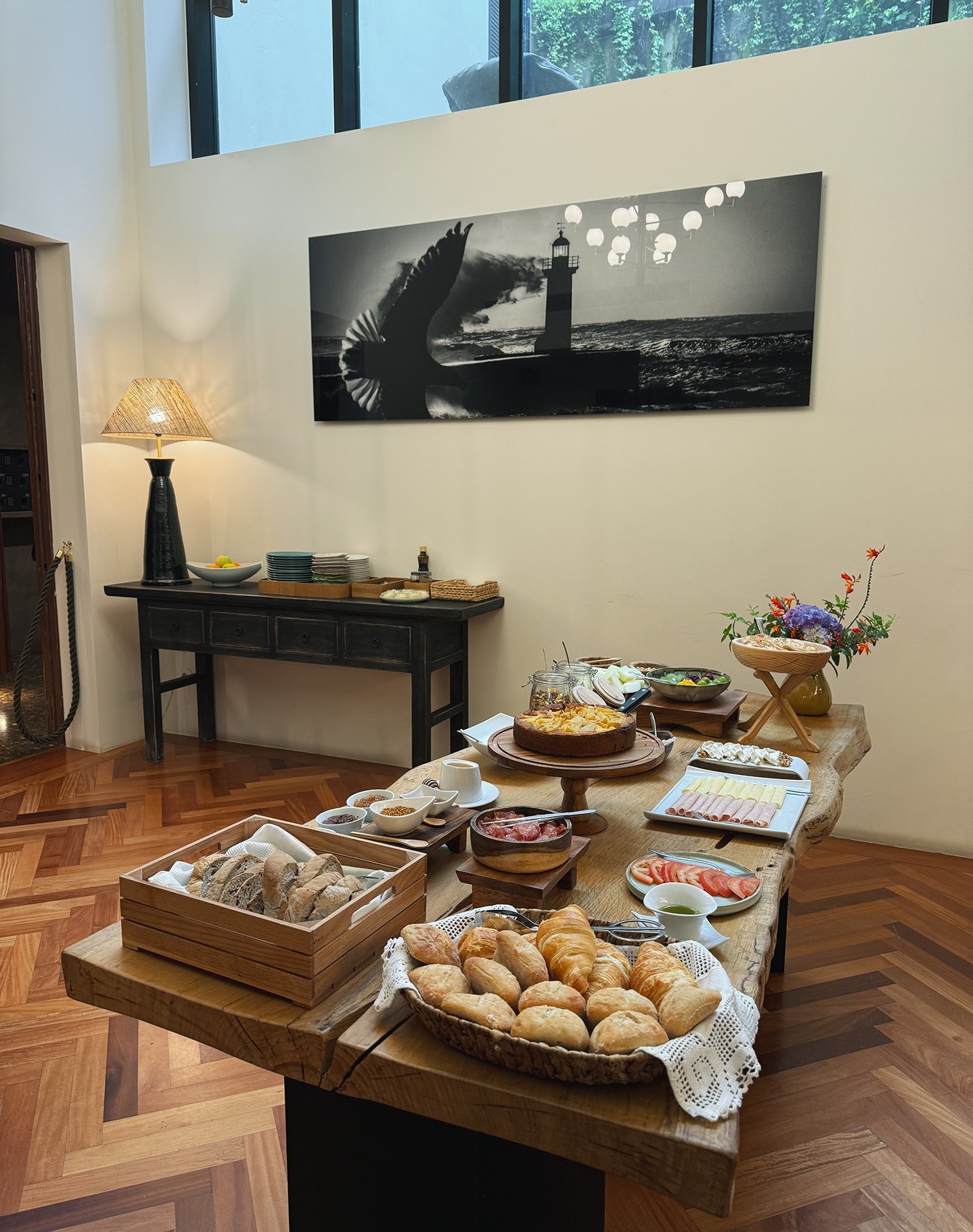 Table filled with traditional dishes and ingredients